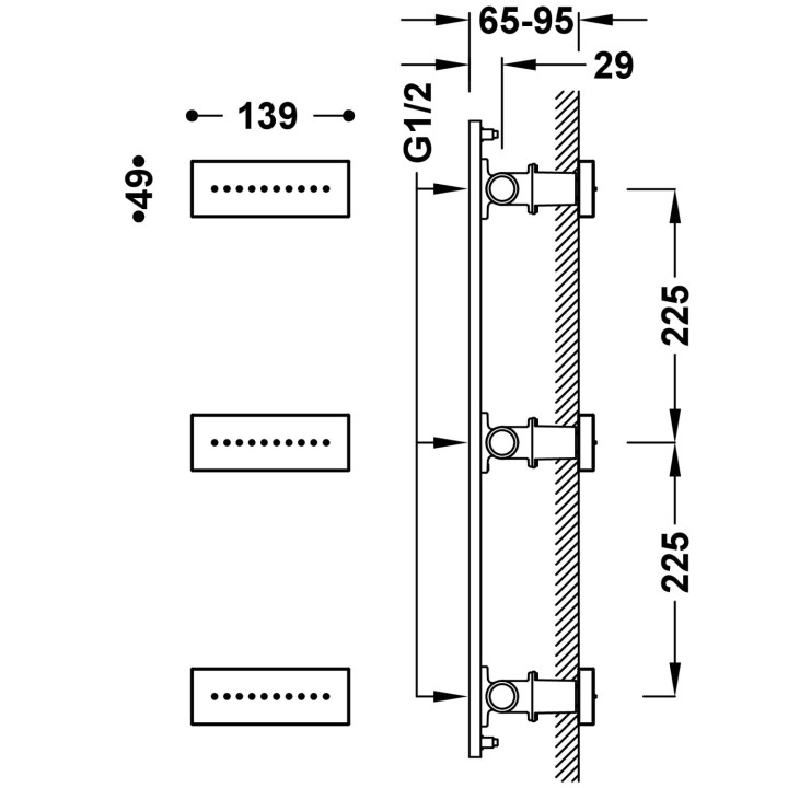 3 podtynkowe dysze z hydromasażem, Tres Complementos Ducha - Czerń Matowa