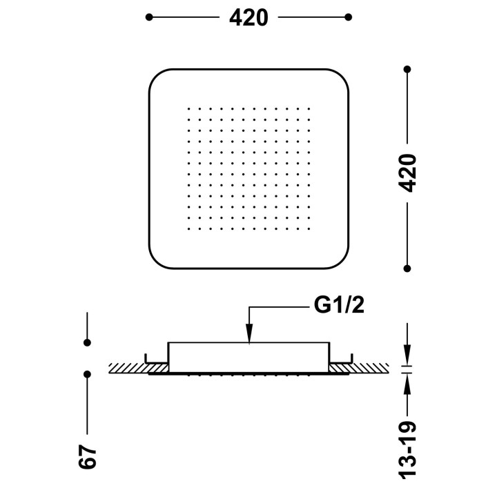 Deszczownica podtynkowa sufitowa 42x42 cm, Tres Complementos Ducha - 24-K Złoto Matowe