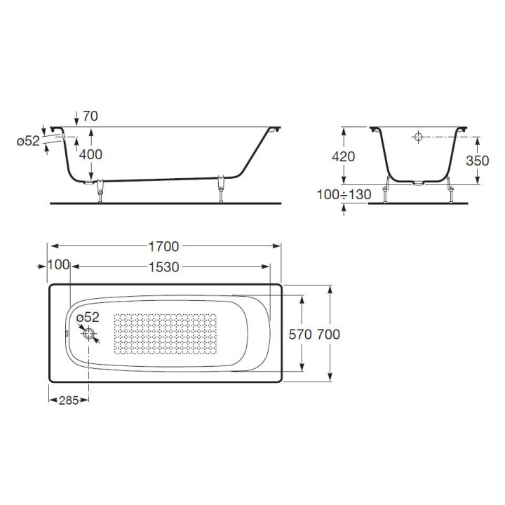 Wanna prostokątna Roca Tampa, 150x70cm, żeliwna, dno antypoślizgowe, biała