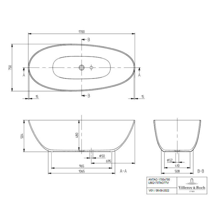 Wanna wolnostojąca  owalna Villeroy & Boch Antao SilentFlow, 170x75cm, Quaryl, weiss alpin