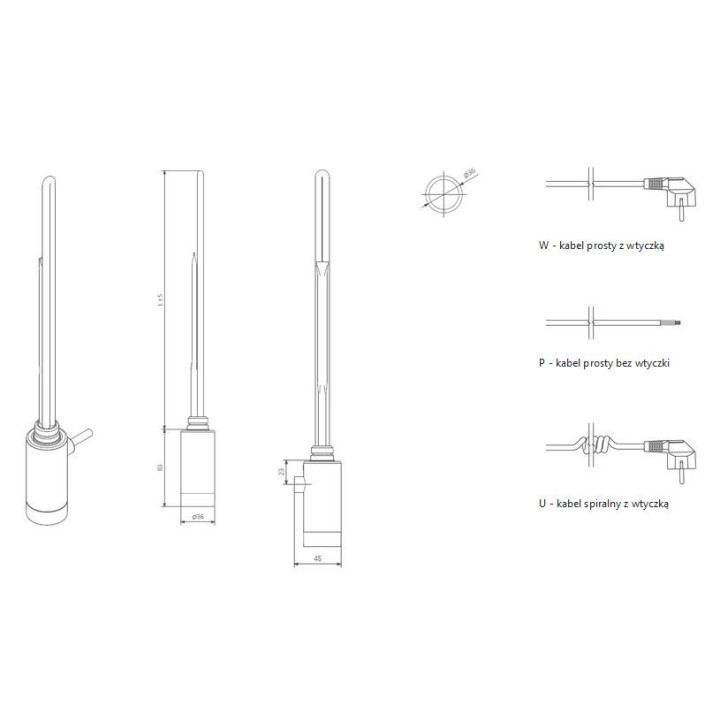 Grzałka Terma One o profilu D, Prawa, moc 120 W - chrom