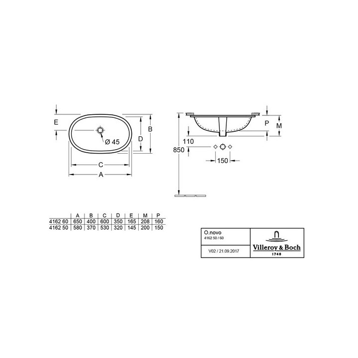 Umywalka Villeroy & Boch O.Novo, podblatowa, Biały Alpin, 530x320 mm, z przelewem- sanitbuy.pl