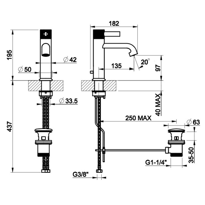 Bateria umywalkowa Gessi Inciso, stojąca, wysokość 195mm, korek automatyczny, chrom