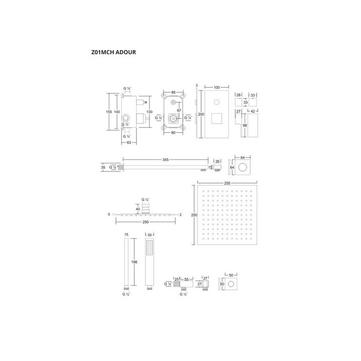 Zestaw prysznicowy z baterią podtynkową i prysznicem Corsan Ango,deszczownica 25cm, chrom