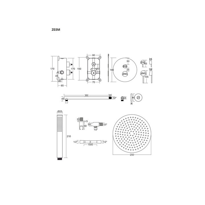 Zestaw prysznicowy z baterią podtynkową i prysznicem Corsan Ango,deszczownica 25cm, czarny