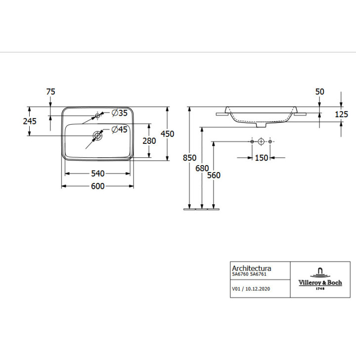 Umywalka wpuszczana w blat - Villeroy & Boch/Architectura, 600 x 450 x 170 mm, Weiss Alpin, z przelewem, Nieszlifowany
