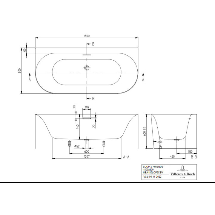 Wanna przyścienna 180x80 lewa, Villeroy&Boch Loop&Friends - Weiss Alpin