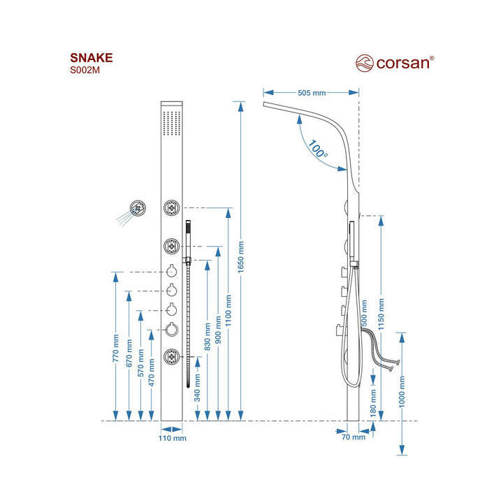 Panel prysznicowy Corsan SNAKE, mieszacz, czarny  