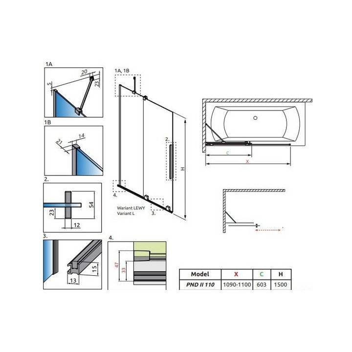 Parawan nawannowy Radaway Furo PND II 110, lewy, szkło przejrzyste, 110x150cm, przesuwny, profil chrom