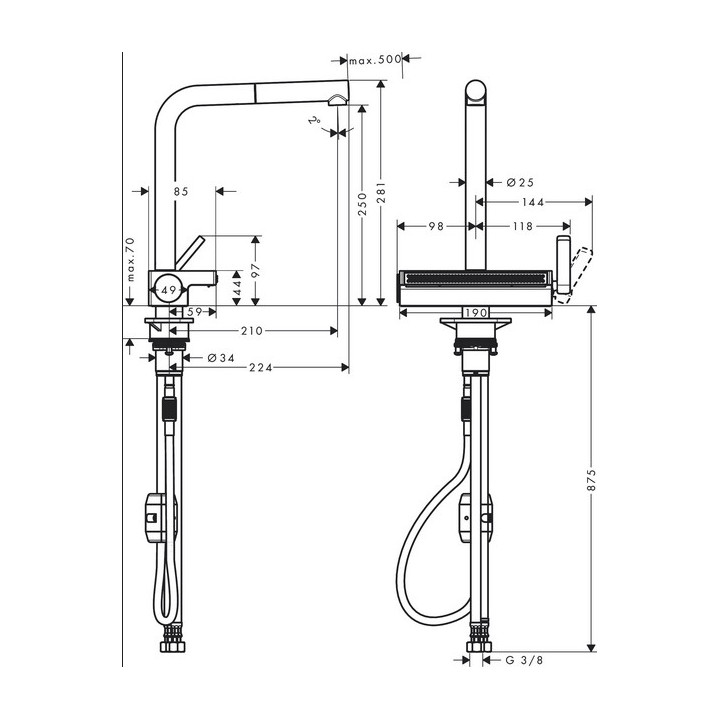 Jednouchwytowa bateria kuchenna 250 Hansgrohe Aquno Select M81, wyciągana wylewka, 2jet, czarny mat 