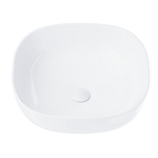 Umywalka kwadratowa nablatowa  Corsan 420x420x145mm, z korkiem klik-klak złotym, biała