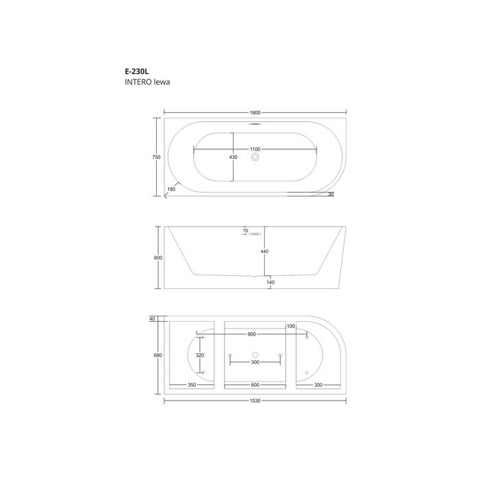 Wanna wolnostojąca narożna Corsan Intero , 160x74cm, lewostronna, korek klik-klak czarny, biała