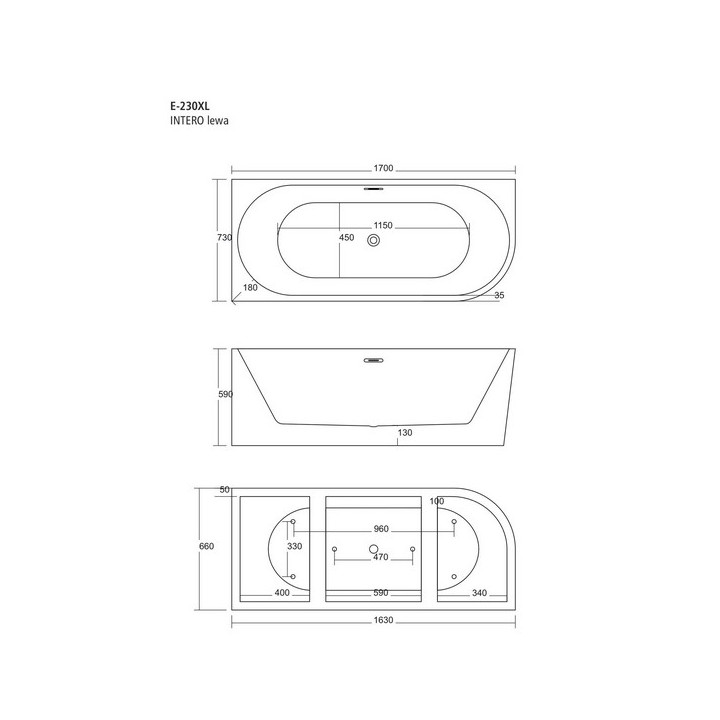 Wanna wolnostojąca narożna Corsan Intero , 170x73cm, lewostronna, korek klik-klak czarny, biała