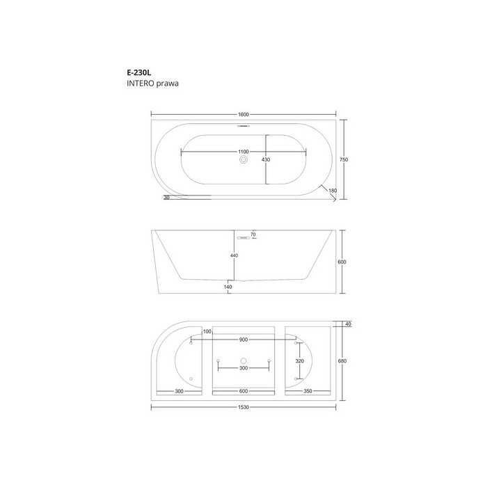 Wanna wolnostojąca narożna Corsan Intero , 170x73cm, lewostronna, korek klik-klak chrom, biała