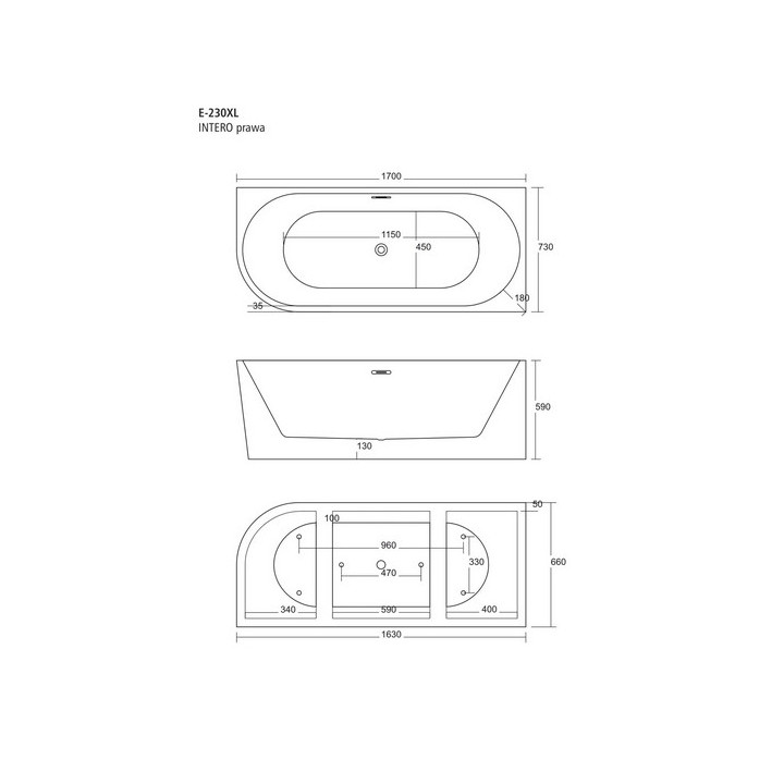 Wanna wolnostojąca narożna Corsan Intero , 170x73cm, prawostronna, korek klik-klak chrom, biała