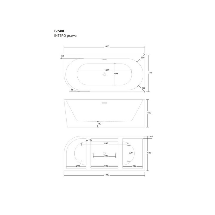 Wanna wolnostojąca narożna z szeroką krawędzią Corsan Intero  , 160x74cm, prawostronna, korek klik-klak chrom, biała