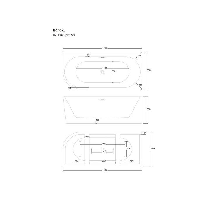 Wanna wolnostojąca narożna z szeroką krawędzią Corsan Intero  , 170x80cm, prawostronna, korek klik-klak chrom, biała