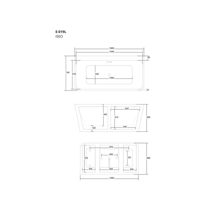 Wanna wolnostojąca narożna z szeroką krawędzią Corsan Intero  , 170x80cm, prawostronna, korek klik-klak biały, biała