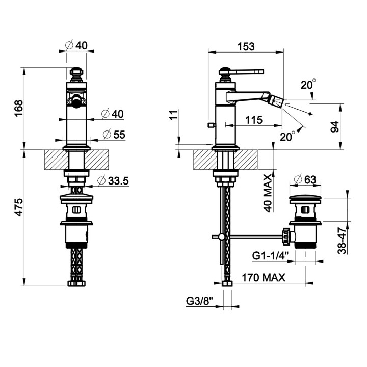 Bateria bidetowa Gessi Origini, stojąca, wysokość 157mm, korek automatyczny, chrom
