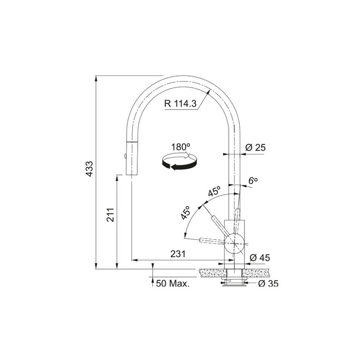 Bateria kuchenna Franke Centro pull-out window , wysokość 278mm, obrotowa i wyciągana wylewka,  chrom