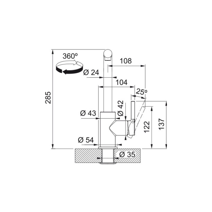 Bateria kuchenna Franke Lina pull-out , wysokość 285mm, obrotowa i wyciągana wylewka,  chrom