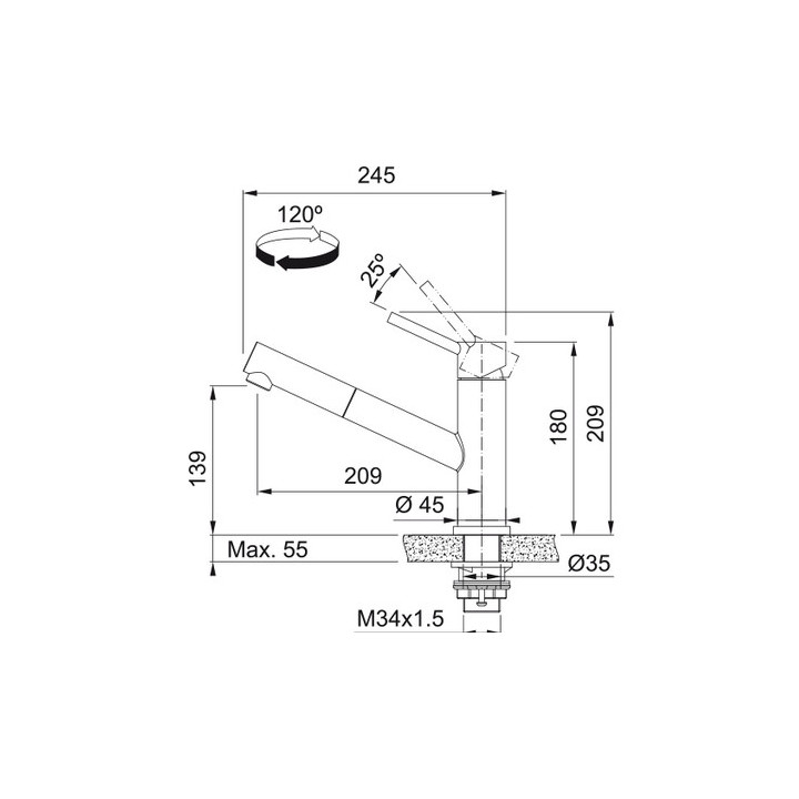 Bateria kuchenna Franke Old England , wysokość 290mm, obrotowa wylewka, miedź rystukalna