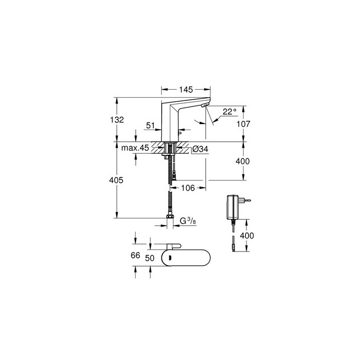 Bateria umywalkowa elektroniczna GROHE Europlus E stojąca, wys. 149 mm, chrom, z mieszaczem, transformator, czujnik na podczerwi