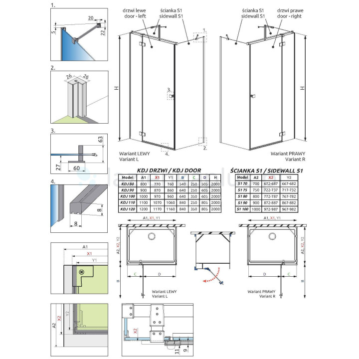 Ścianka boczna S1 90 do kabiny Radaway Essenza New, szkło przeźroczyste 