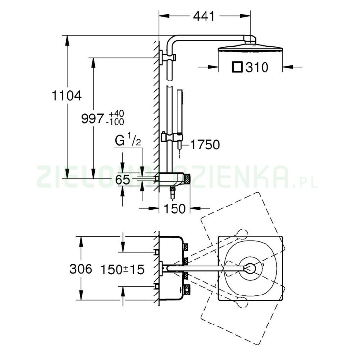 Bateria prysznicowa z termostatem, DN 15 z zestawem prysznicowym, Grohe Precision Flow - Chrom