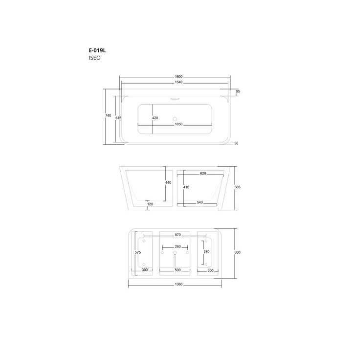 Wanna wolnostojąca przyścienna z szeroką krawędzią Corsan ISEO  , 160x74cm, korek klik-klak biały, biała