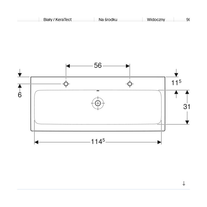 Umywalka prostokątna 120x48,5cm bez otworu  Geberit iCon, biała