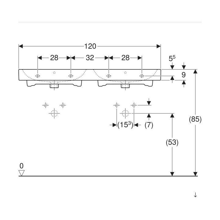 Umywalka prostokątna 120x48,5cm z dwoma otworami  Geberit iCon, biała