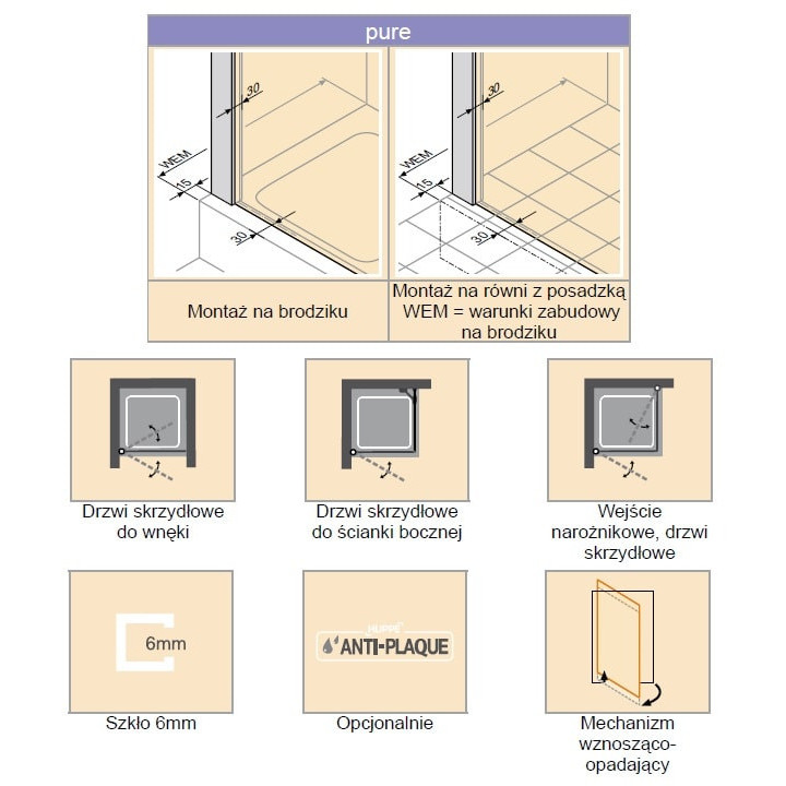 Drzwi skrzydłowe Huppe Design pure 4-kąt, 900mm, ze stałym fragmentem, uniwersalne, Anti-Plaque, profil srebrny połysk