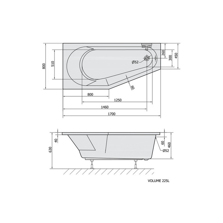 Wanna asymetryczna 170x80x46cm Polysan Tigra, lewa, biała