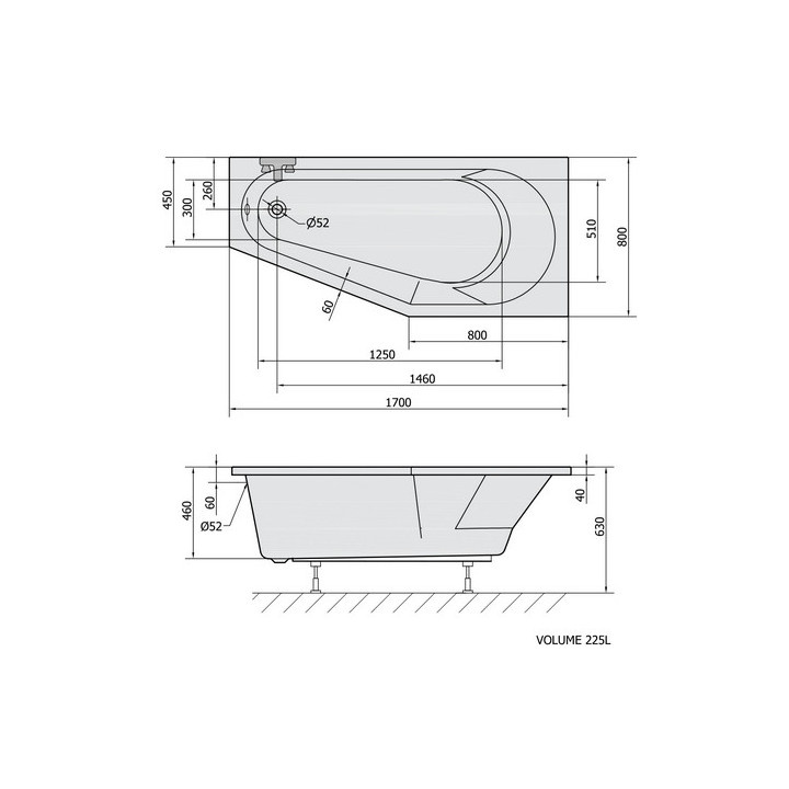 Wanna asymetryczna 170x80x46cm Polysan Tigra L, lewa, biała
