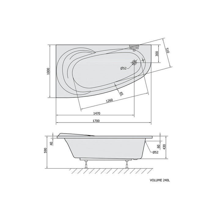 Wanna asymetryczna 170x130x50cm Polysan TANDEM R, prawa, biała