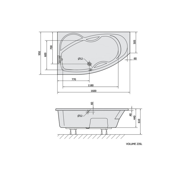 Wanna asymetryczna 160x80x44cm Polysan PROJEKTA L, lewa, biała