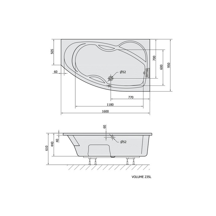 Wanna asymetryczna 160x95x44cm Polysan MABMBA L, lewa, biała