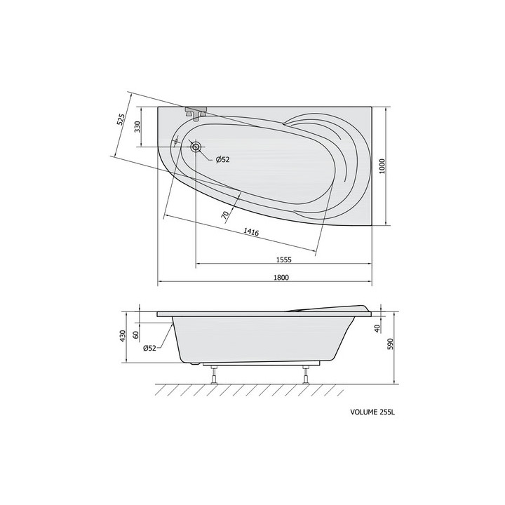 Wanna asymetryczna 180x100x43cm Polysan NAOS L, lewa,  biała