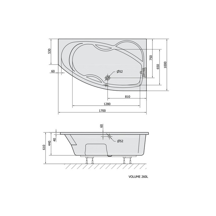 Wanna asymetryczna 170x170x44cm Polysan MAMBA L, lewa  biała