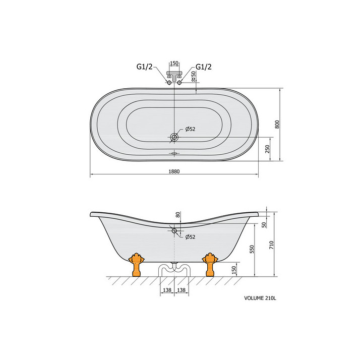 Wanna wolnostojąca 188x80x71cm Polysan CHARLESTON, nogi białe, biała