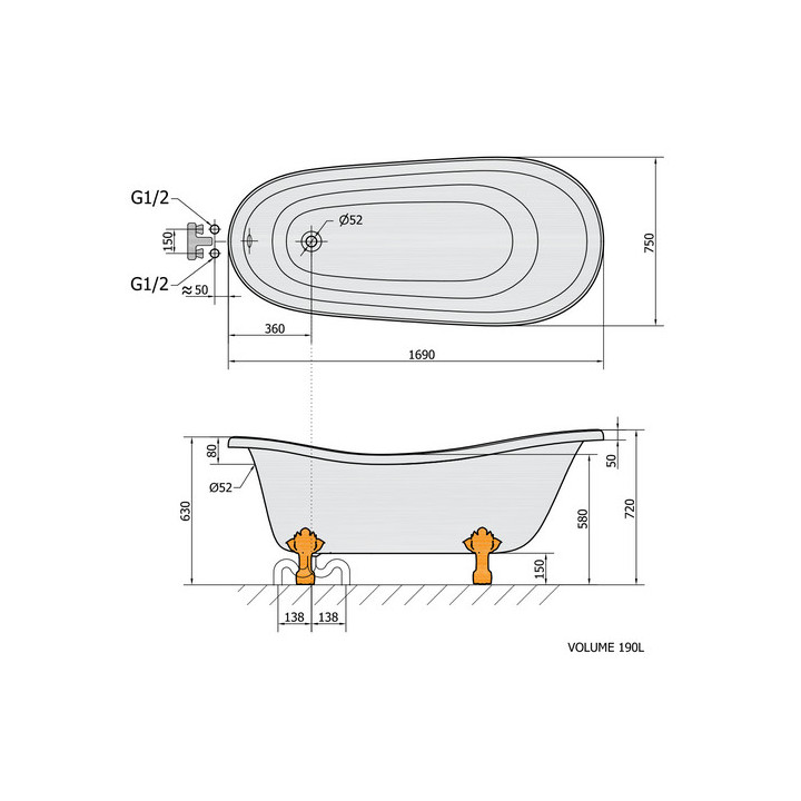 Wanna wolnostojąca 169x75x72cm Polysan RETRO, nogi chrom mat, biała