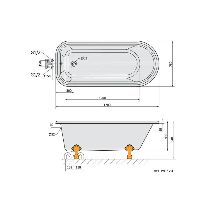 Wanna wolnostojąca 169x75x72cm Polysan RETRO, nogi brąz, biała