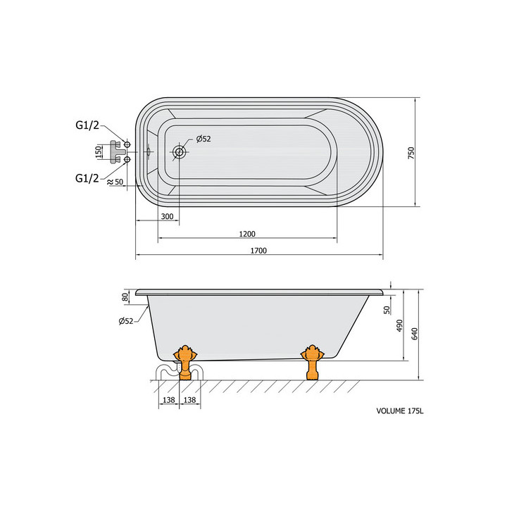 Wanna wolnostojąca 170x75x64cm Polysan FOXTROT, nogi chrom, biała