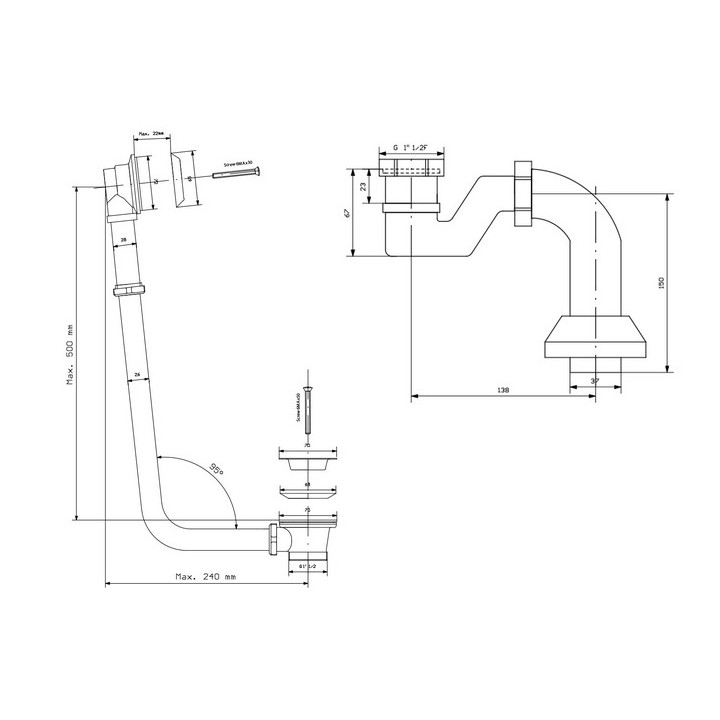 Syfon wannowy do instalacji zewnętrznej z łańcuszkiem i syfonem, Polysan CHARLESTON, chrom