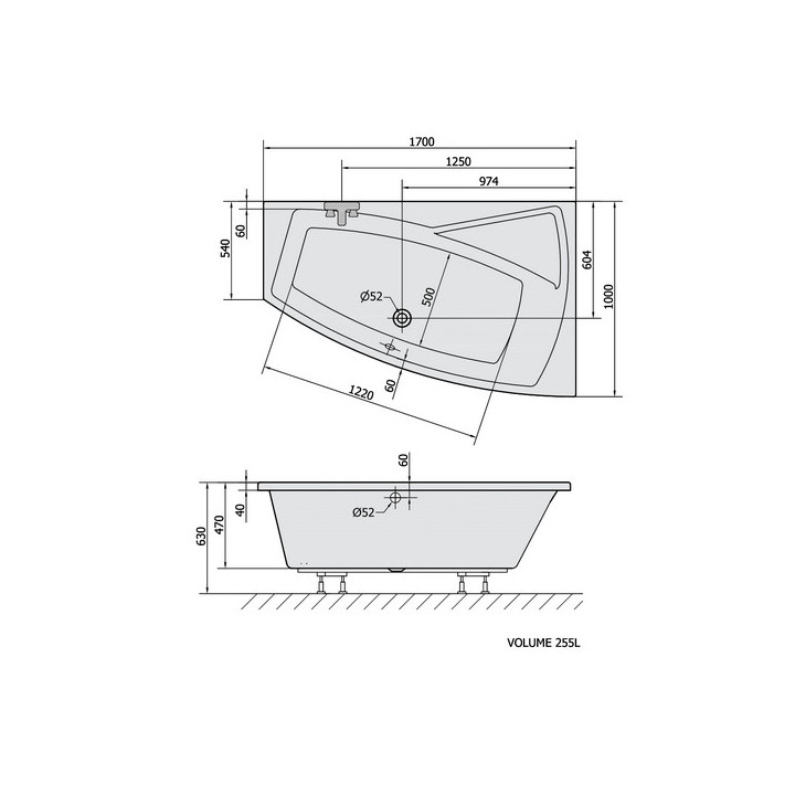 Wanna asymetryczna 170x100x47cm Polysan EVIA L,  biała