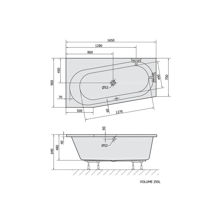 Wanna asymetryczna 165x90x48cm Polysan ASTRA WR, biała