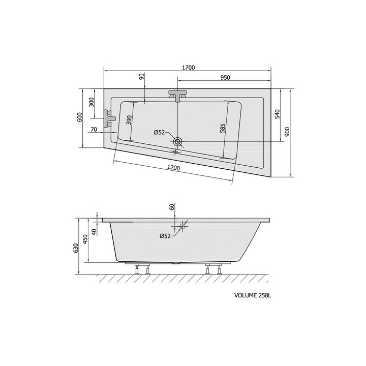 Wanna asymetryczna 170x90x45cm Polysan ANDRA L, lewa, biała