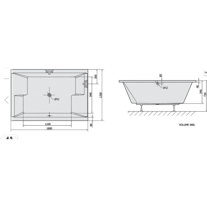 Wanna prostokątna 180x80x39cm Polysan KRYSTA, biała