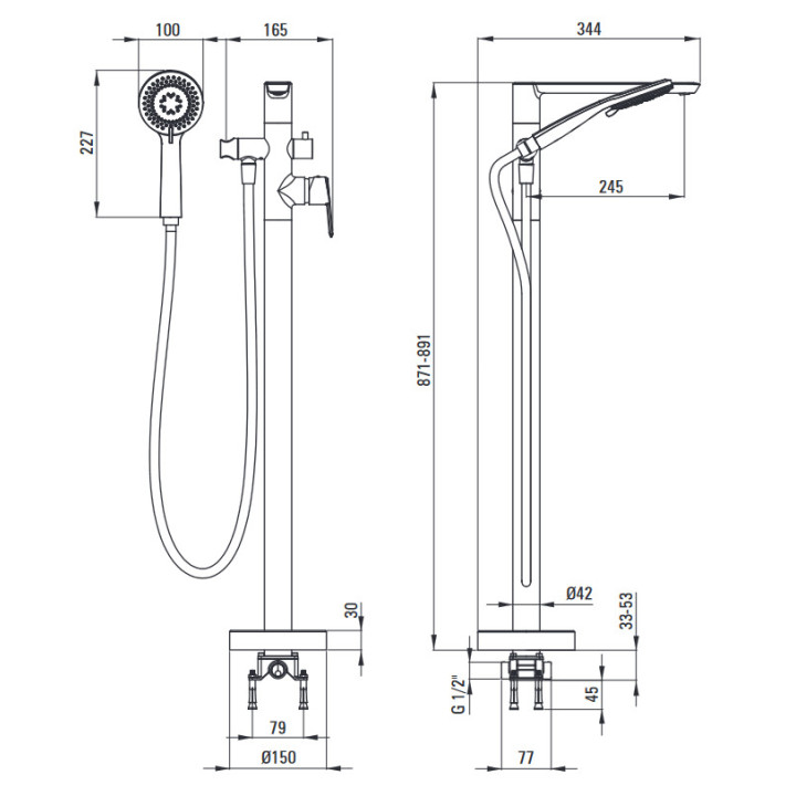 Bateria wannowa ścienna, Deante Arnika, titanium